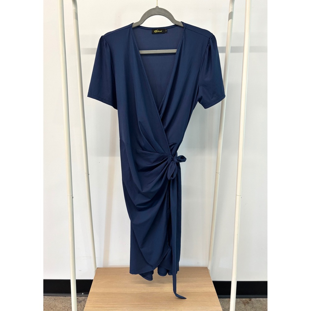 Wedtrend Navy Blue Wrap Dress V-Neck Short Sleeve Ribbed Midi Cocktail Dress L